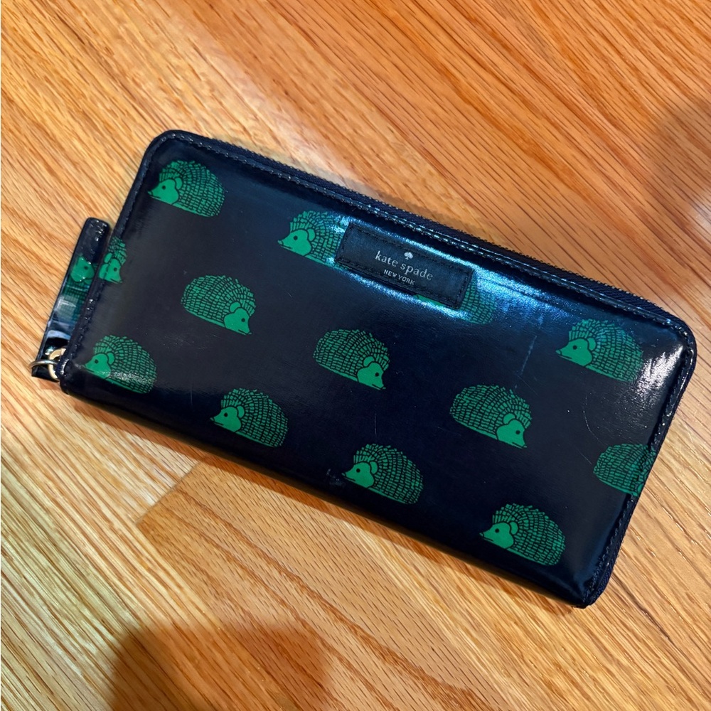 Kate Spade Black Wallet with Green Hedgehog Design